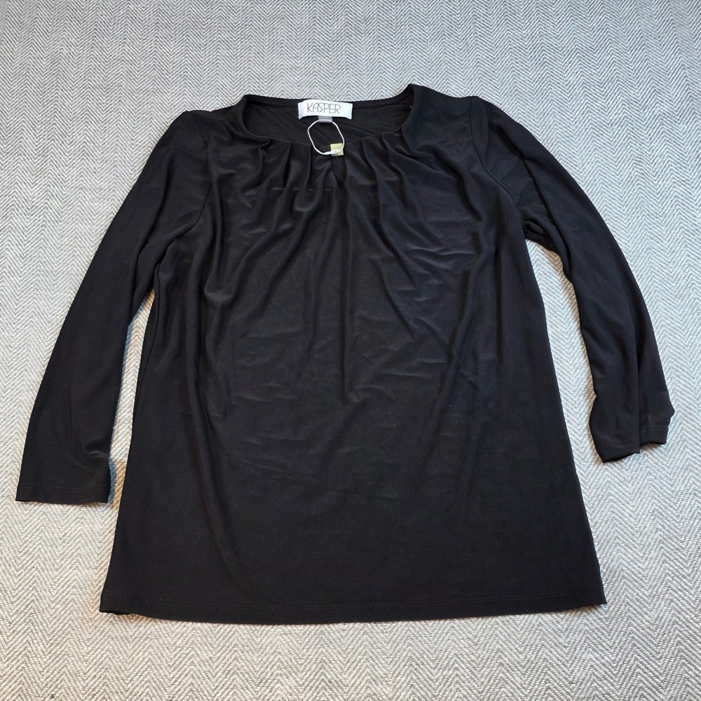 Kasper Womens Black Pleated Neck Long Sleeve Jersey Blouse Top Small